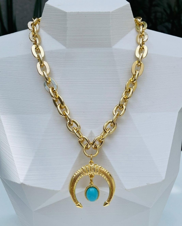 Colar Elos Dourados com Pingente Boho Azul