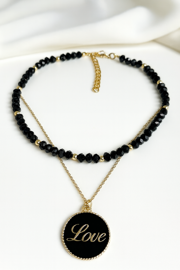 Choker Cristais pretos com corrente Dourada Love