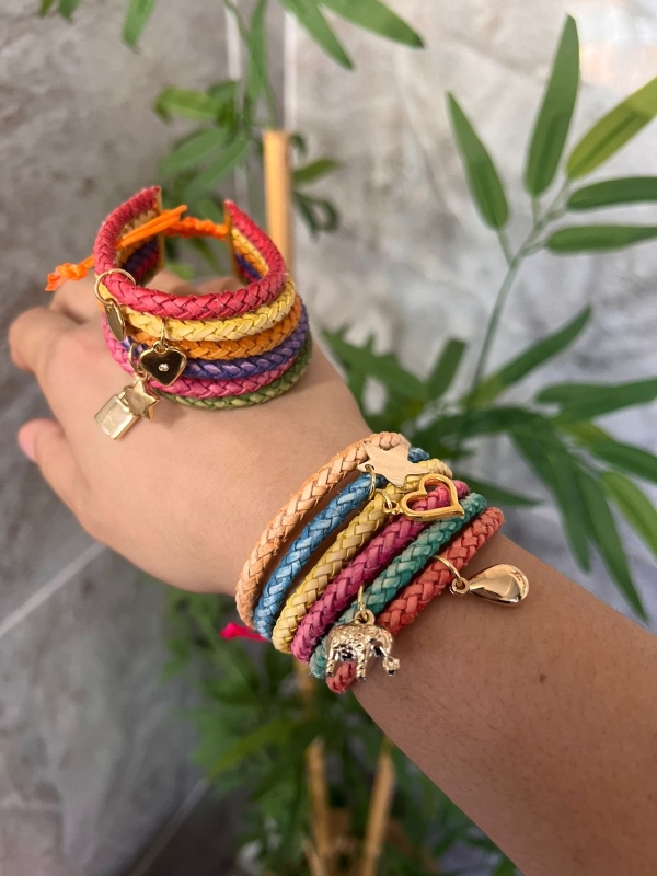 Mix Pulseiras Couro Natural Trançado fecho único