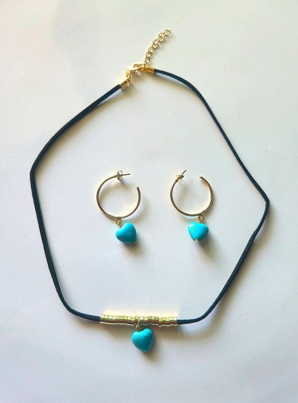 Conjunto Choker de Courinho & Brincos Argola com Pingentes de Howlita