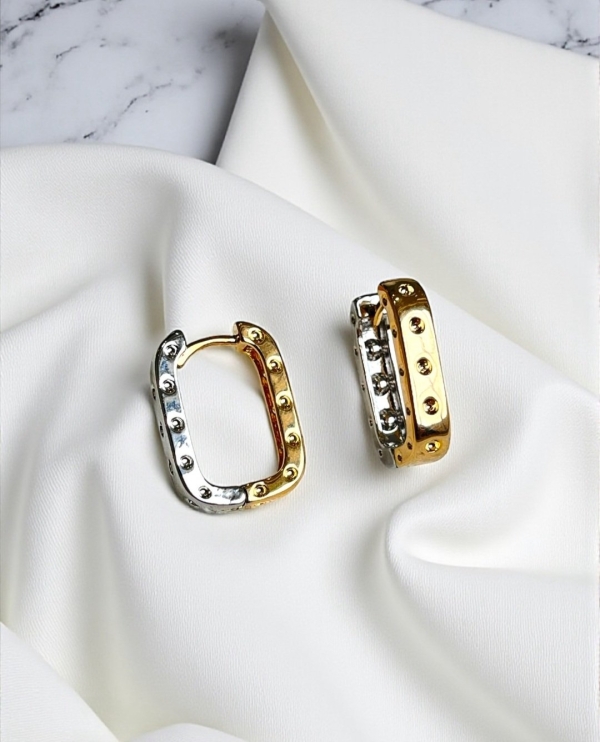 Brincos Argola Retangular Duo Metal com Detalhes